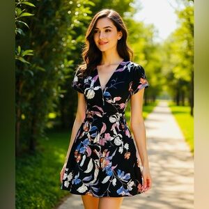 Yumi Kim Women’s Black Floral Wrap Dress with Sash Belt - Small, New